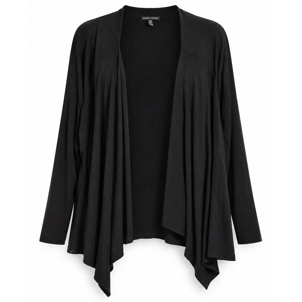 Eileen Fisher Black Draped Open Front Cardigan L Large Viscose Jersey Minimalist